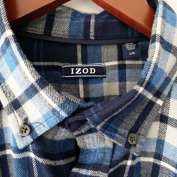 Izod Shirt Men's Large Flannel Blue Plaid Long Sleeve Button Up Pocket Peacoat - Picture 5 of 6